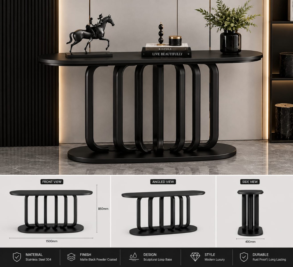 Cavelle Console table with sculptural loop-base design in matte black powder-coated Galvanized Iron and Mild Steel