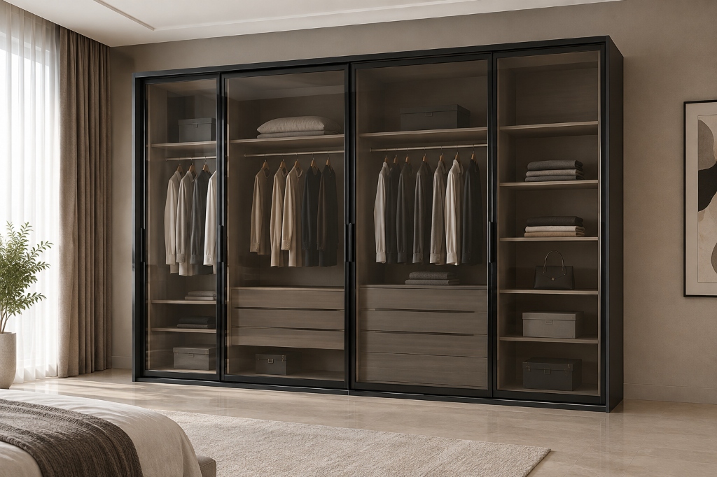 Linea Wardrobe with Galvanized Iron and Mild Steel framing and premium smoky glass sliding panels in a luxury bedroom setting