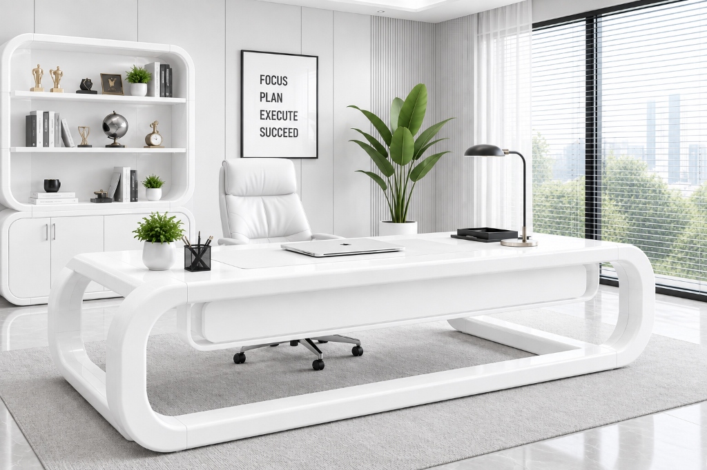 Vellora Executive Desk in pure white powder-coated finish with Galvanized Iron and Mild Steel sculptural rounded frame